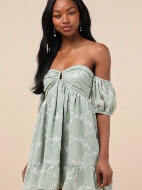 Lulu's Micro Mini Sage Green Floral Off-Shoulder Dress FairyCore Small Baby Doll